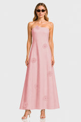 Blush Pink Strapless Maxi Dress with 3D Floral Appliqué