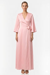 Blush Pink Satin Wrap Bridesmaid Maxi Dress with Slit – Long Sleeve
