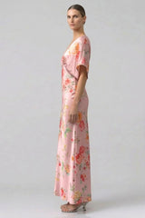 Blush Pink V-Neck Floral Satin Bridesmaid Dress with Flutter Sleeves