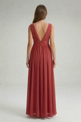 Burgundy Heaven V-Neck Bridesmaid Dress – Elegant Formal Maxi Gown