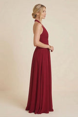Burgundy Halter V-Neck Chiffon Bridesmaid Maxi Dress