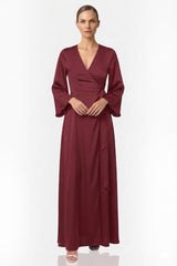 Burgundy Satin Wrap Maxi Bridesmaid Dress – Elegant Wine Red Formal Evening Gown