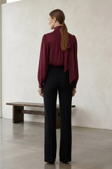 Burgundy Silk Satin-Twill Tie-Neck Blouse