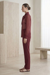 Burgundy Sheer Organza Tie-Neck Shirt