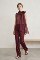 Burgundy Sheer Organza Tie Neck Blouse