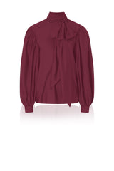 Burgundy Silk Satin-Twill Tie-Neck Blouse