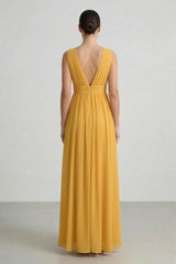 Butterscotch Heaven V-Neck Bridesmaid Dress – Elegant Maxi Gown