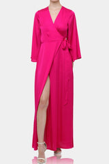 Candy Pink Wrap Maxi Dress with High Slit for Bridesmaid