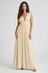 Champagne Heaven A-Line Wedding Guest Dress with V Neck by Shahsi