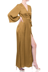 Champagne Beige Satin Wrap Maxi Bridesmaid Dress – Long Sleeve Wedding Gown
