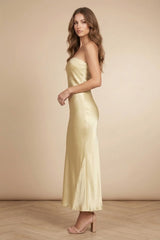 Champagne Satin Strapless Dress for Wedding Guest