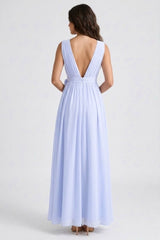 Chiffon Ice Blue V-Neck Bridesmaid Dress – Elegant Maxi Gown