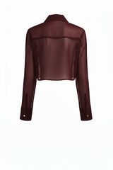 Chocolate Brown Fitted Sheer Shirt for Women – Organza Cropped Button-Down Blouse