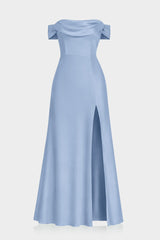 Convertible Off Shoulder Steel Blue Bridesmaid Maxi Dress – Resort Wedding Dress