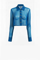 Cobalt Blue Sheer Organza Cropped Shirt – Resort & Beach Club Outfit Top