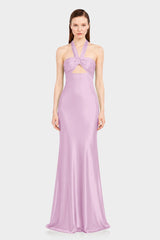 Designer Candy Pink Formal Ruched Halter Satin Maxi Dress