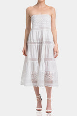 Convertible White Cotton Voile Corset Midi Dress with Guipure Lace – Off-Shoulder Tiered Skirt Dress
