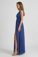 Dark Navy V-Neck Bridesmaid Dress – Elegant Formal Maxi Gown