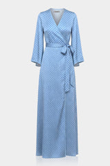 Powder Blue Polka Dot Satin V-Neck Wrap Maxi Dress with High Slit- Maternity Friendly Dress