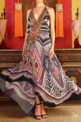 Caviar Black Geometric Silk Scarf Maxi Dress