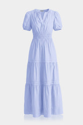 Premium Cotton Maxi Tiered Dress With Smocked Detail In Icy Blue