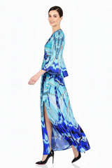Blue Wrap Maxi Dress with Long Sleeves