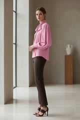 Blush Pink Silk Satin-Twill Tie-Neck Blouse