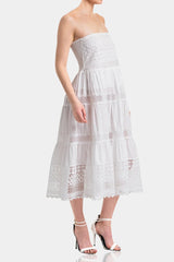 Convertible White Cotton Voile Corset Midi Dress with Guipure Lace – Off-Shoulder Tiered Skirt Dress