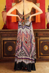 Caviar Black Geometric Silk Scarf Maxi Dress
