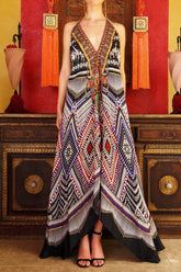 Caviar Black Geometric Silk Scarf Maxi Dress