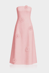 Blush Pink Strapless Cotton Midi Dress with 3D Floral Appliqué