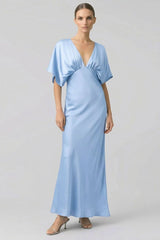Powder Blue Deep V Neck Flutter Sleeve Satin Maxi Bridesmaid Gown