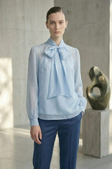 Powder Blue Bow Tie-Neck Sheer Organza Shirt