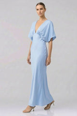 Powder Blue Deep V Neck Flutter Sleeve Satin Maxi Bridesmaid Gown