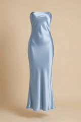 Powder Blue Satin Strapless Midi Dress for Wedding Guest