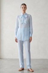 Powder Blue Sheer Organza Tie-Neck Shirt