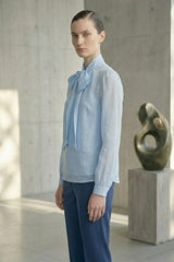 Powder Blue Bow Tie-Neck Sheer Organza Shirt