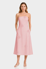 Blush Pink Strapless Cotton Midi Dress with 3D Floral Appliqué