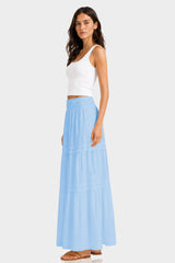Sky Blue Luxury Cotton Tiered Maxi Skirt