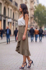 Dark Taupe High Waist Satin Wrap Skirt – Elegant Midi Ruffle Skirt