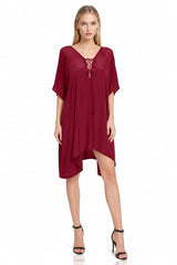 Burgundy Lace-Up Short Kaftan Dress