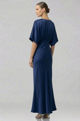 Chamelia Midnight Navy Deep-V Flutter-Sleeve Satin A-Line Bridesmaid Gown
