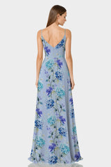 Sky Blue Floral Cowl Neck Formal Gown