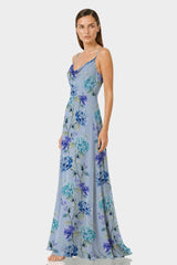 Sky Blue Floral Cowl Neck Formal Gown