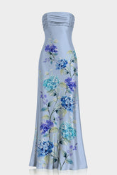 Blue Floral Print Strapless Satin Maxi Dress