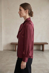 Burgundy Satin Scarf Tie-Neck Blouse