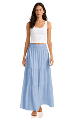 Powder Blue Smocked Waist Maxi Skirt – Tiered Cotton Skirt
