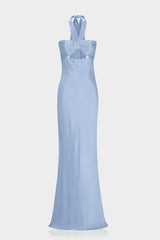 Luxury Steel Blue Satin Bridesmaid Maxi Dress with Twist Halter Neckline