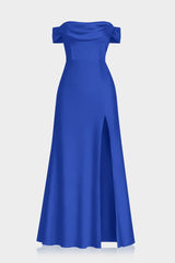 Elegant Sapphire Blue Bridesmaid Dress in Matte Satin with Side Slit