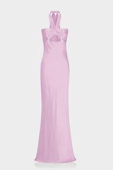 Designer Candy Pink Formal Ruched Halter Satin Maxi Dress